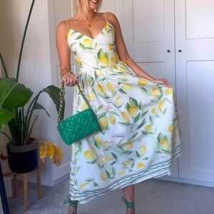 H&M Lemons Prints Slip Midi Dress Cotton White/lemons Pit 2 Pit 16"